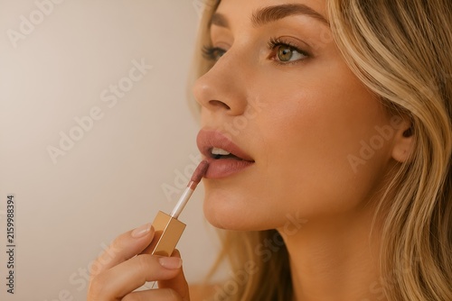 Beautiful blonde woman applying lip gloss to her lips