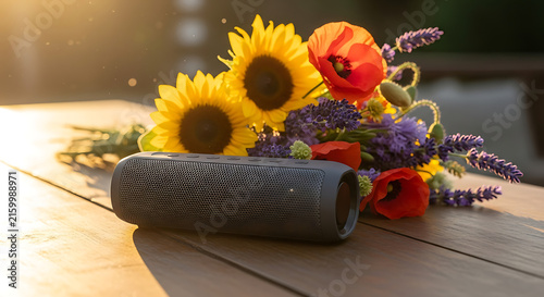 A portable black wireless speaker sitting on a wooden table next to a vibrant bouquet of sunflowers, poppies, and lavender in golden light