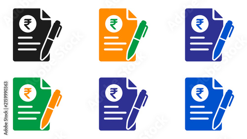 Rupee Loan Agreement Document Icon Set with Pen in Six Colors