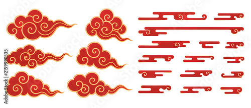 Set of traditional chinese red and gold clouds with decorative swirls for lunar new year festivals asian cultural events and oriental pattern backgrounds.