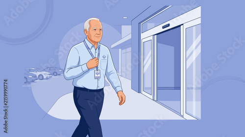 Senior Man Security Guard Walking Towards Automatic Store Entrance