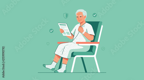 Senior man sitting in chair reading newspaper, healthcare icons, isolated