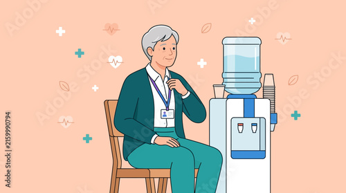 Senior man sitting by water cooler, health icons, isolated