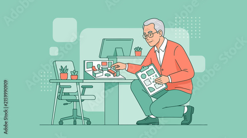 Senior architect presenting architectural model on desk, isolated