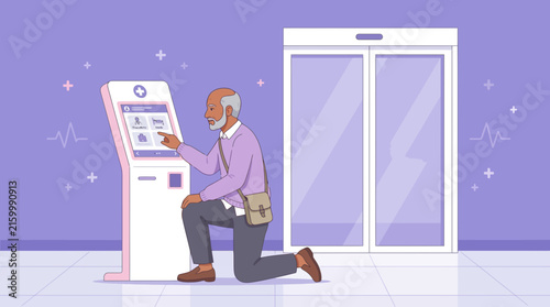 Senior man using interactive kiosk for self-service