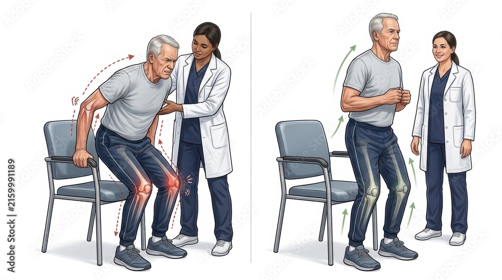 Obraz premium Elderly man with knee pain exercises with physical therapist support