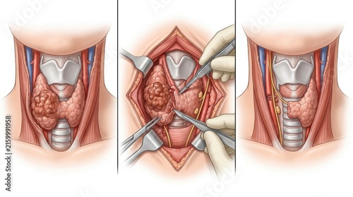 Illustration of thyroid gland surgery showing a nodule and surgical procedure