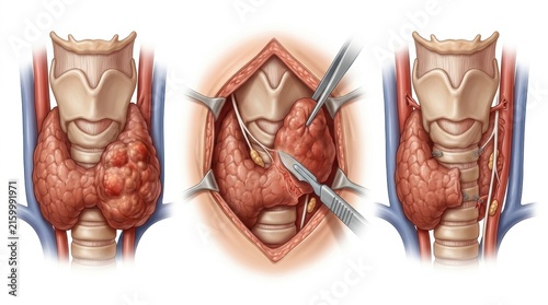 Illustration of thyroid gland surgery showing nodules and surgical procedure