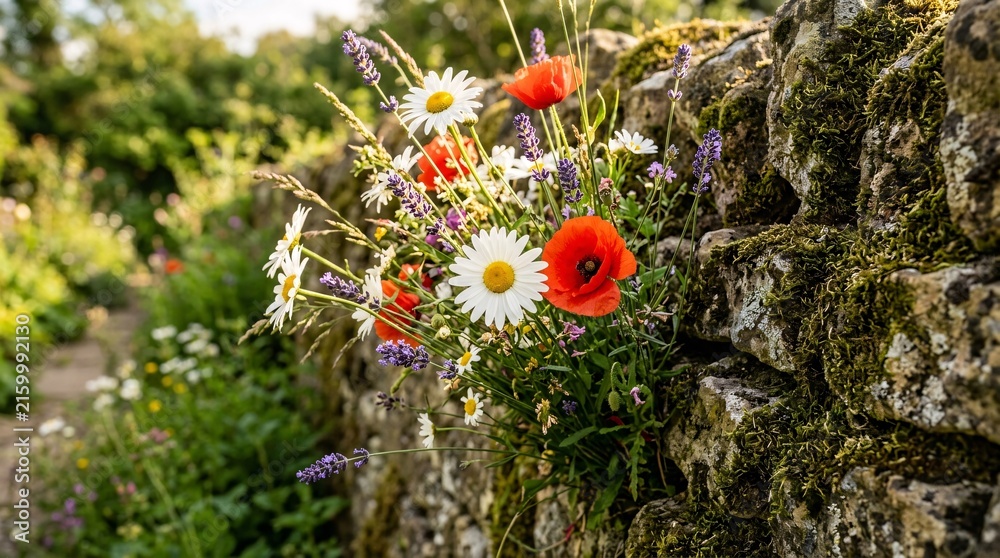 Obraz premium Wild bouquet of white daisies, red poppies, and purple lavender growing out of an ancient mossy dry stone wall bathed in warm sunlight.