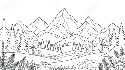 Minimal mountain landscape line art forest scenery illustration.
