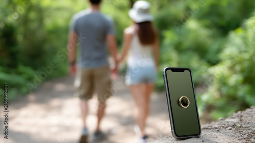 Smart wearable ring displayed on phone screen highlights health tech innovation while couple walks in nature, blending technology and lifestyle