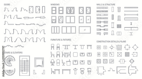 Architectural blueprint floor plan symbols and construction details.