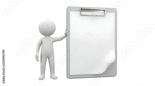 White 3d character standing beside large empty clipboard showing blank page for important business notes isolated on transparent background