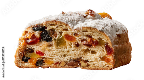 Slice of Traditional Christmas Stollen Cake with Powdered Sugar Isolated
