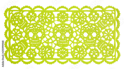 Neon Yellow Mexican Papel Picado Sheet with Skull Cutout Pattern Isolated