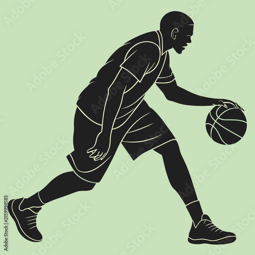 Basketball player dribbles a ball in a black silhouette vector.