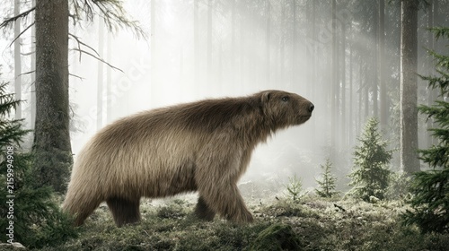 A giant prehistoric ground sloth with thick fur stands amid towering ancient trees. Sunlight streams through the forest, highlighting its enormous claws and presence.