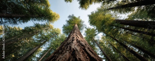 Majestic redwood tree towers overhead in a sunlit forest. Textured bark and lush green canopy capture the photorealistic grandeur of ancient nature.