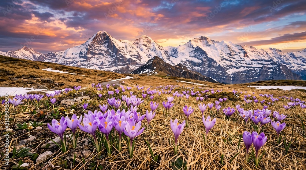 Obraz premium Purple crocus flowers blooming in a golden dry grass alpine meadow with a majestic snow-capped mountain range resting in the distance.