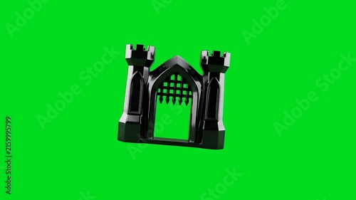 A shiny black metallic castle gate icon isolated on a vibrant green background
