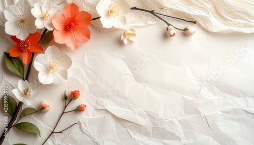 Fototapeta kuchenna オレンジと白のペーパーフラワーをあしらった華やかな背景素材