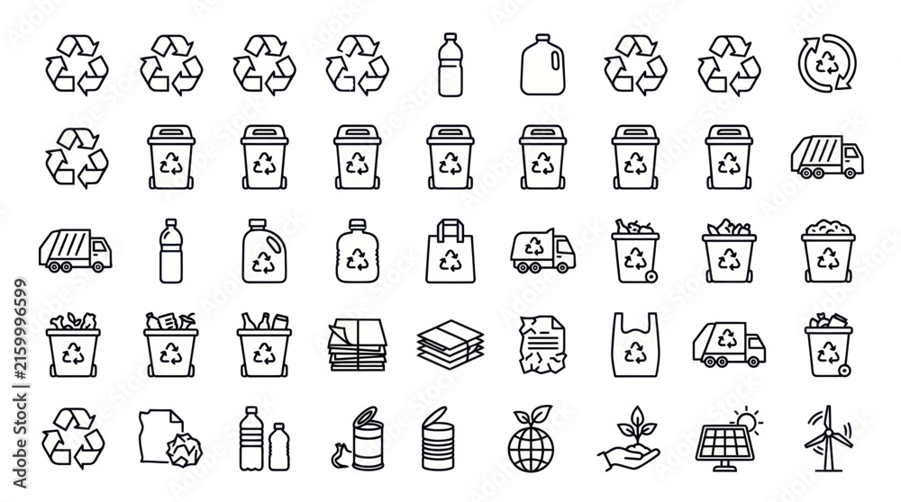 Fototapeta premium Environmental recycling and waste management line icons.