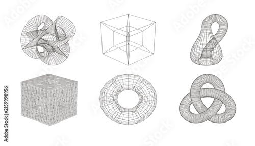  Set of 3D mathematical wireframe topological shapes vector illustration.svg