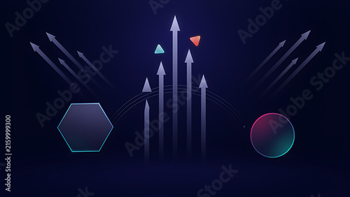 Abstract digital graphic with glowing upward arrows and geometric shapes on a dark background, representing business performance and tech innovation, created with generative ai.