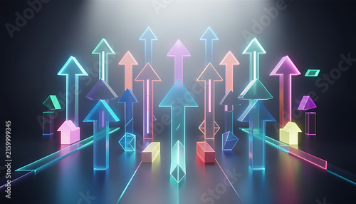 Array of colorful glowing 3D glass arrows pointing upward on a dark reflective surface, symbolizing business growth, success, and development, created with generative ai.
