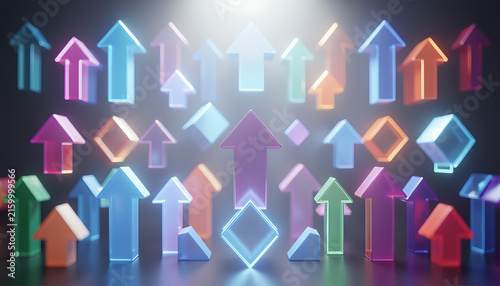 Vibrant glowing glass arrows and geometric blocks rising upward under spotlight, illustrating business expansion and progress, created with generative ai.