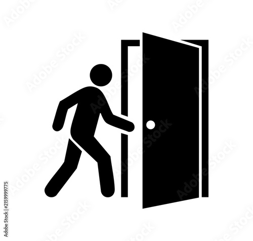 Black silhouette icon of a person walking through an open door for wayfinding