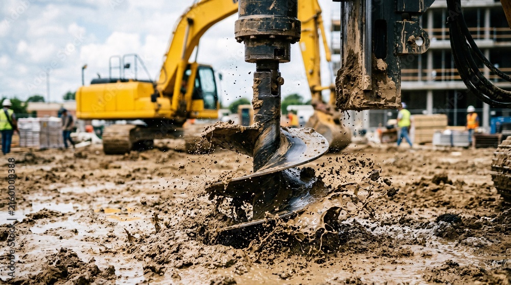 Fototapeta premium Construction auger drill bit churning through wet muddy brown soil with dirt clods splashing violently near a large yellow excavator.
