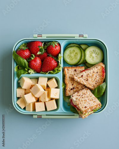 Lunch box pastel compartment strawberry cucumber sandwich cheese basil meal snack in organized school food container on blue background