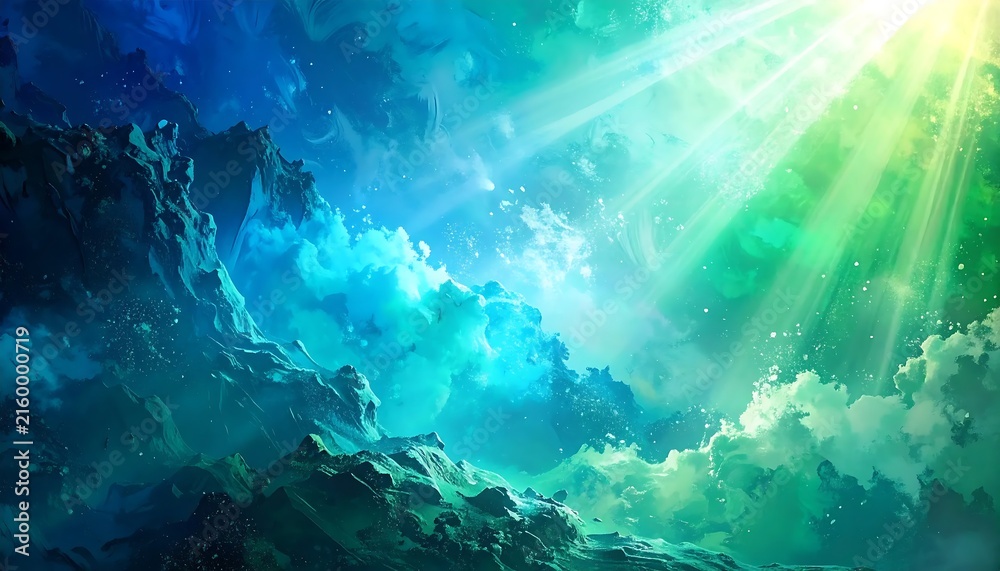 Fototapeta premium Ethereal Celestial Light Rays Illuminating Dreamlike Sky and Mountain Landscape with Vivid Colors