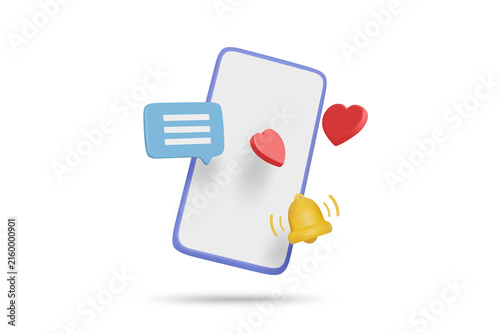 3d smartphone mobile phone with social media chat speech bubble red hearts and notification bell icon for online digital marketing communication isolated on transparent background png render