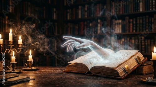 Ghostly hand emerges from a glowing ancient book amid candles and smoke inside a mysterious dark library