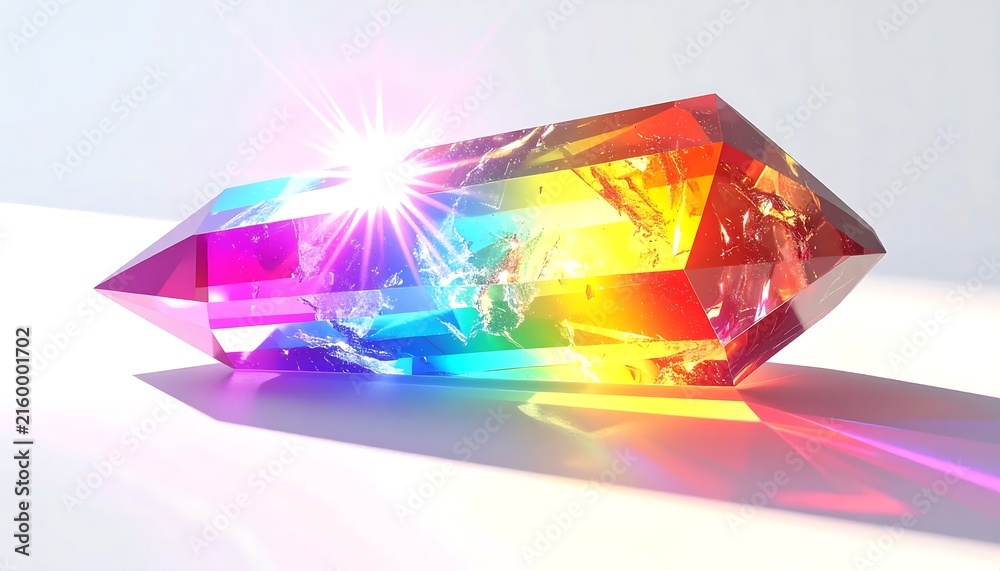 Fototapeta premium A dazzling rainbow crystal refracts light, creating a vibrant spectrum of colors against a white background