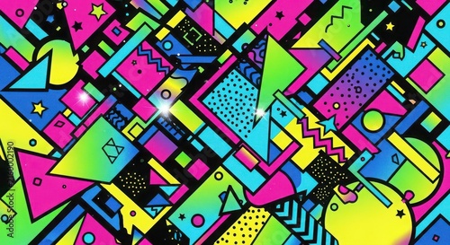 Vibrant geometric pattern with overlapping shapes in neon colors on black.