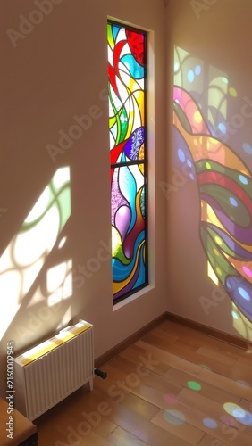 Vibrant Stained Glass Window Colorful Light Patterns A Serene Interior Space