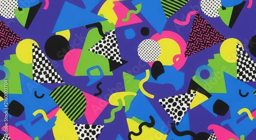 Vibrant geometric patterns with abstract shapes in bright colors on blue.