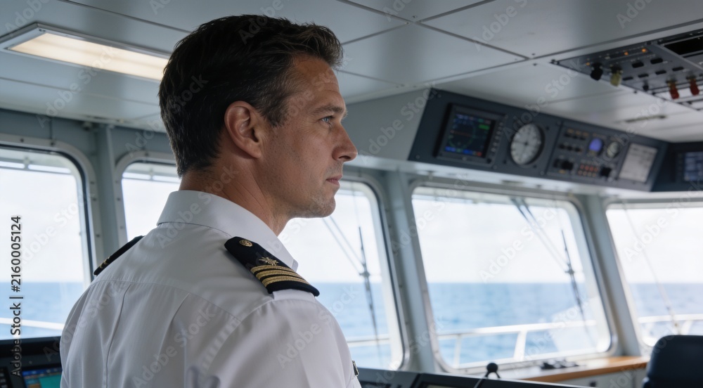 Fototapeta premium Ship Captain Standing on Navigation Bridge for World Maritime Day Professional Concept