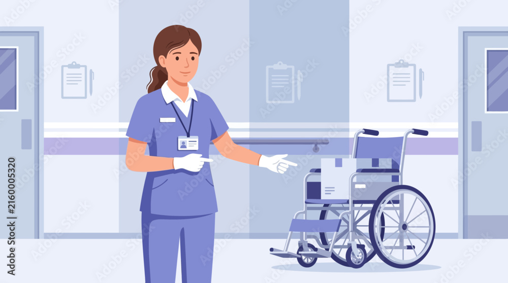 Fototapeta premium Nurse pointing to wheelchair in hospital hallway