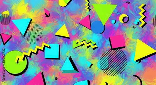 Vibrant geometric shapes and zigzag lines in a psychedelic pattern with bright.