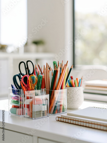 Student desk organization minimal white stationery pencil scissor notebook classroom Student desk organization minimal white stationery display with pencil, scissor, notebook, cup, paper clip