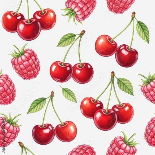 Beautiful seamless pattern featuring delicate watercolor illustrations of ripe cherries and raspberries in a soft palette of red and pink, paper, foliage, light