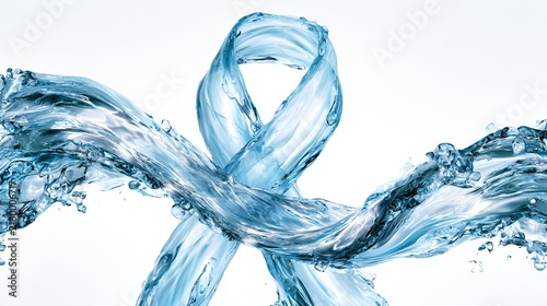 Blue awareness ribbon made of flowing water with splash on white background
