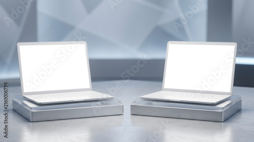 Mockup, Laptop, Close up of two empty white laptop display on podium Tech presentation and device concept two Mock up 3D 