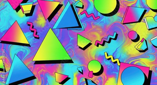 Vibrant geometric shapes with triangles, circles, and zigzags in psychedelic.