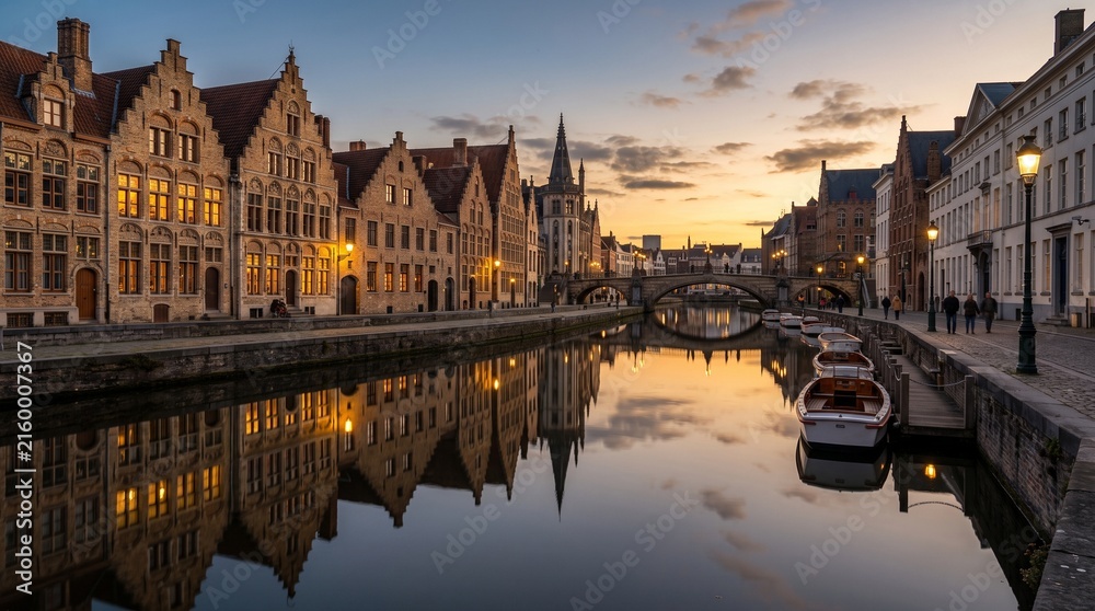 Fototapeta premium Historic Bruges canal at sunset with reflections of buildings and boats