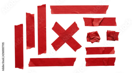 Set of red masking tape strips and shapes isolated on transparent background